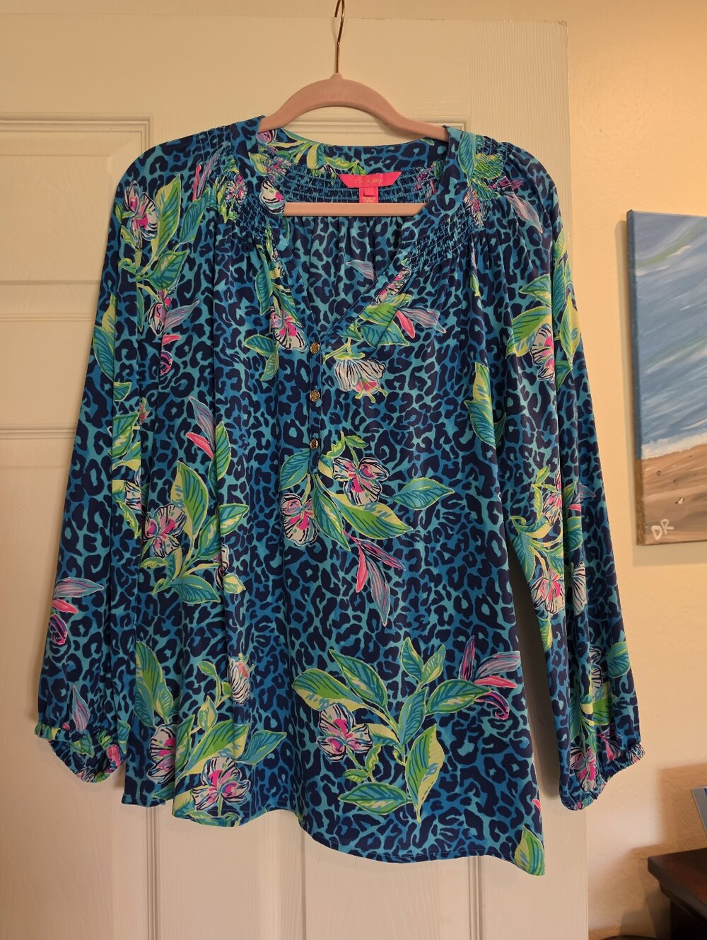 Lilly Pulitzer Teal Leopard-Print Silk Elsa Blouse